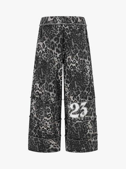 Leopard Print Cropped Pants – Wide-Leg Cotton Blend with Raw Hem