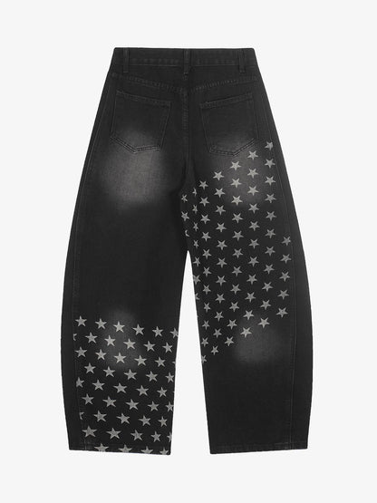 Denim Star-Print Wide-Leg Crop Pants with High Waist and Front Zipper Closure 