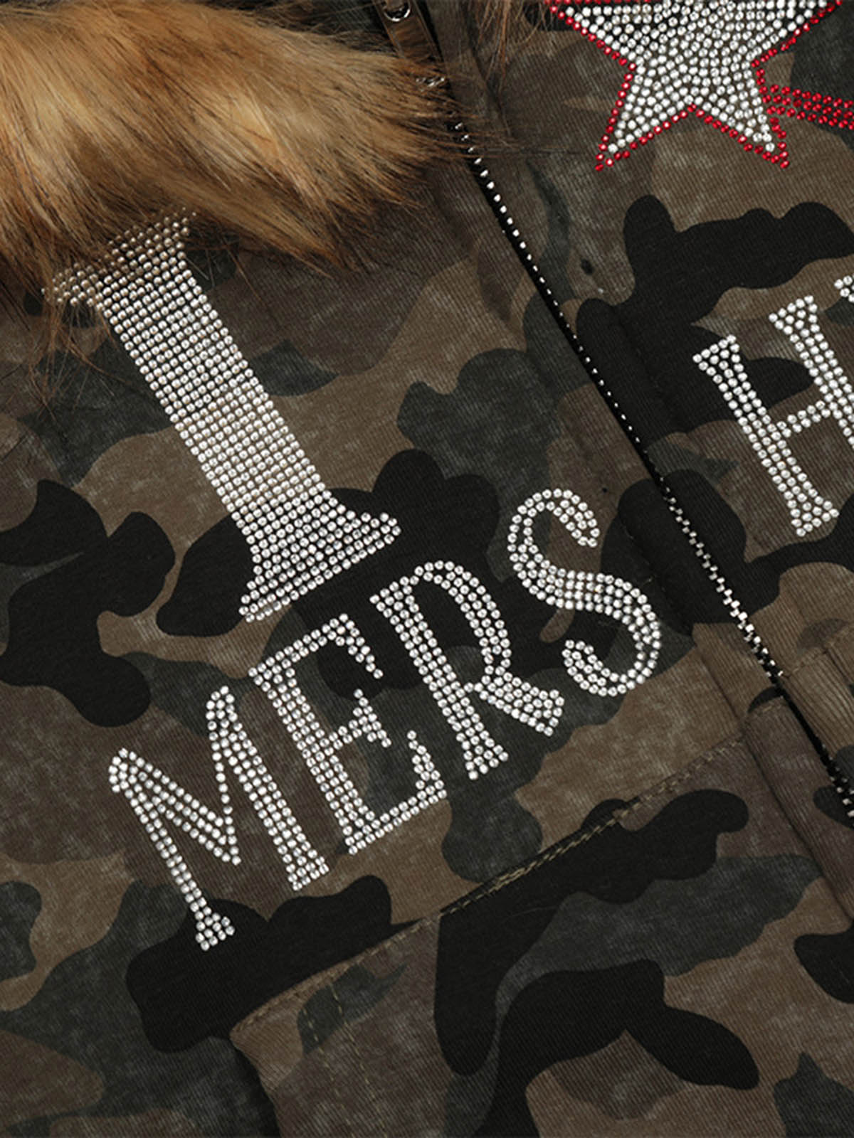 Hotfix Rhinestones Camouflage Fur Hooded Fleece Jacket - 2357