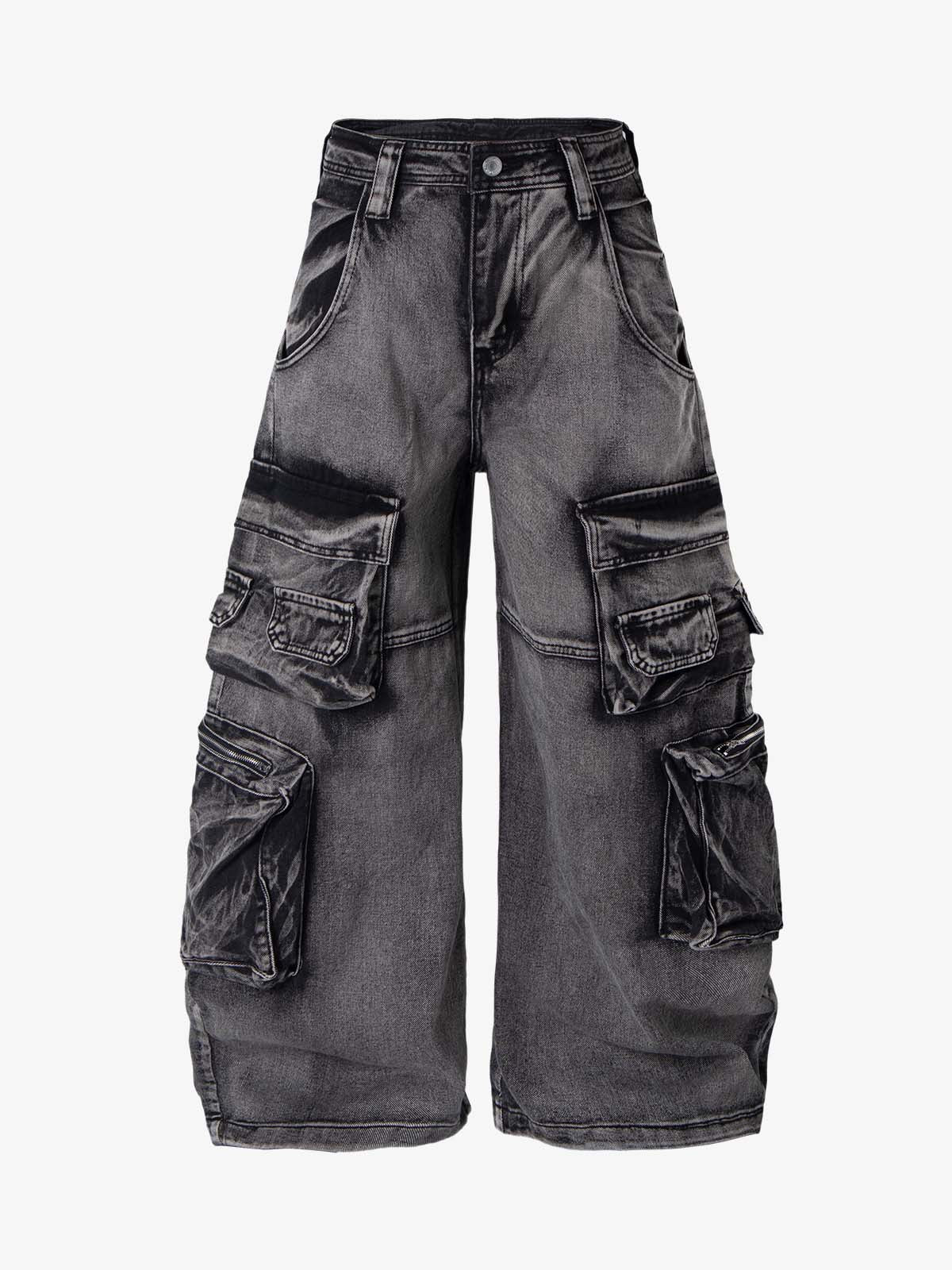 Washed Multi-Pocket Wide-Leg Cargo Jeans