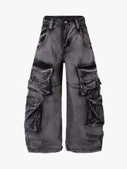 Washed Multi-Pocket Wide-Leg Cargo Jeans