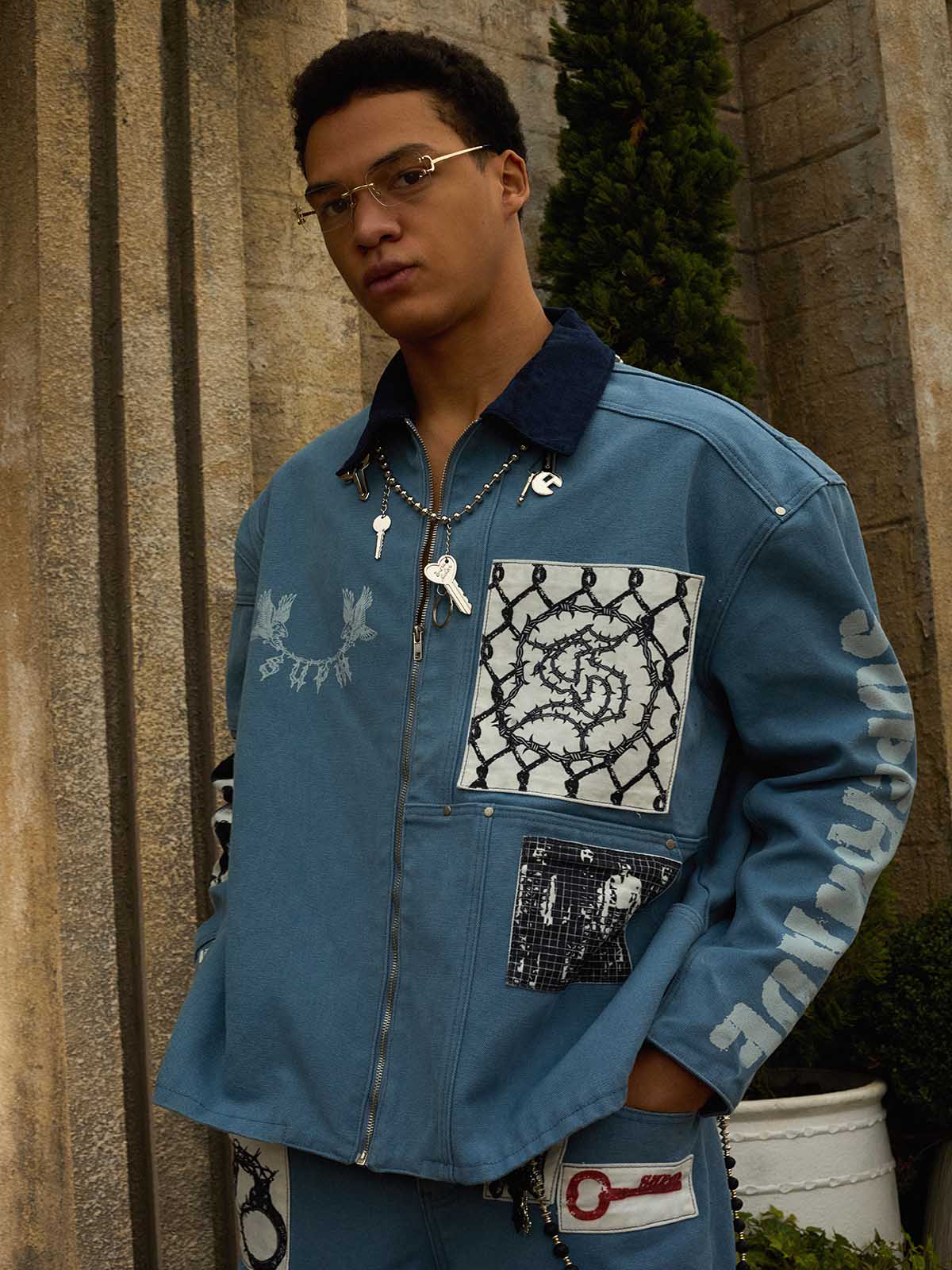 Supermade Multi-Element Appliqué Patchwork Denim Suit 