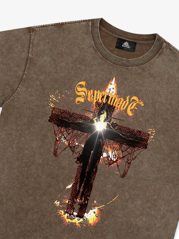 Washed Gothic Cross Graphic T-Shirt 
