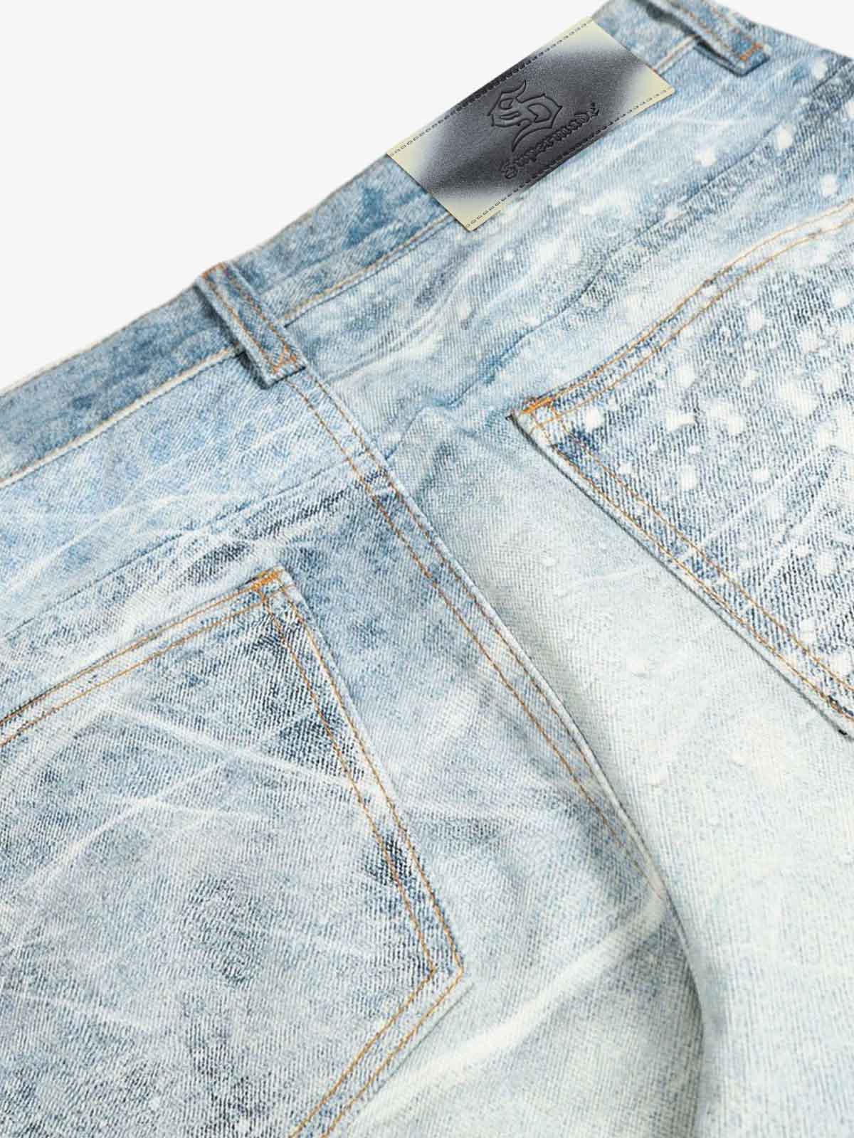 Vintage Washed Rhinestone Wide Leg Denim Jeans