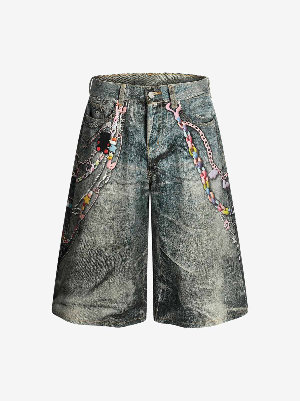 Vintage Printed Washed Denim Shorts 