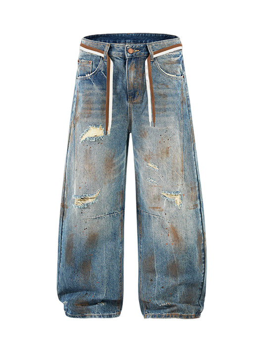 Retro Ink-Splashed Ripped Jeans 