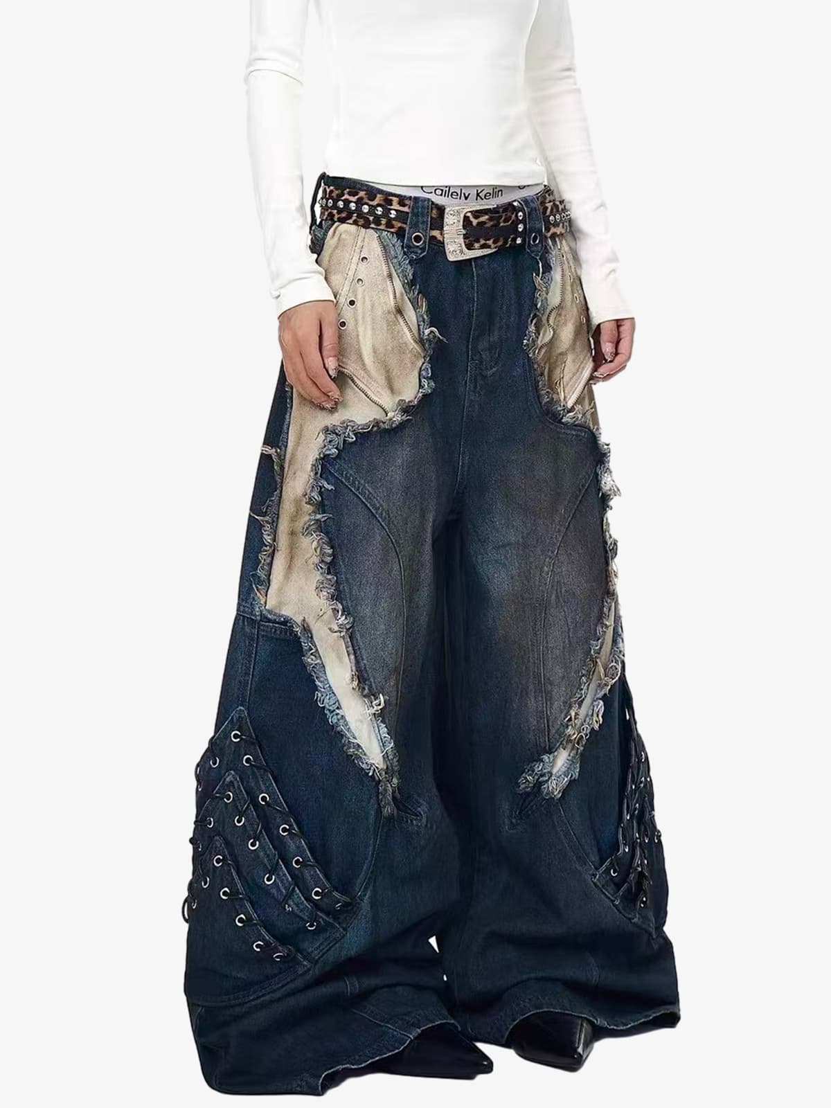 Retro Distressed Studded Heavy-Duty Functional Jeans 