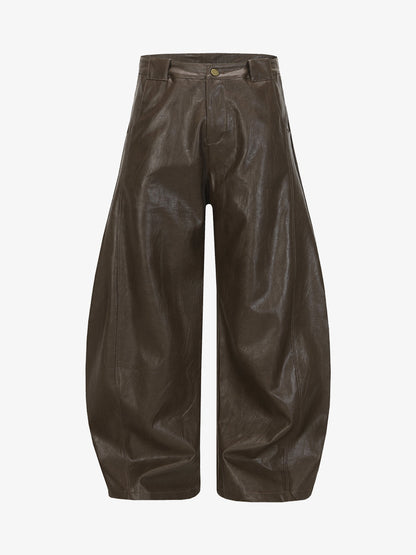 Vintage Pleated PU Leather Barrel Pants 