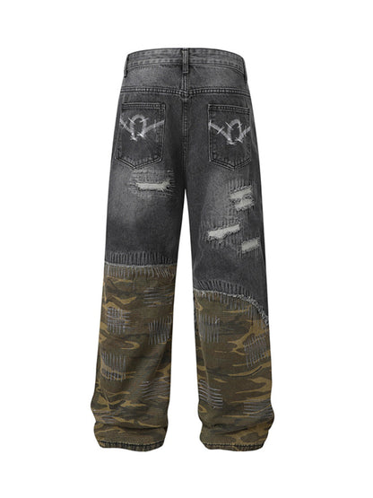 Distressed Camouflage Patchwork Jeans 
