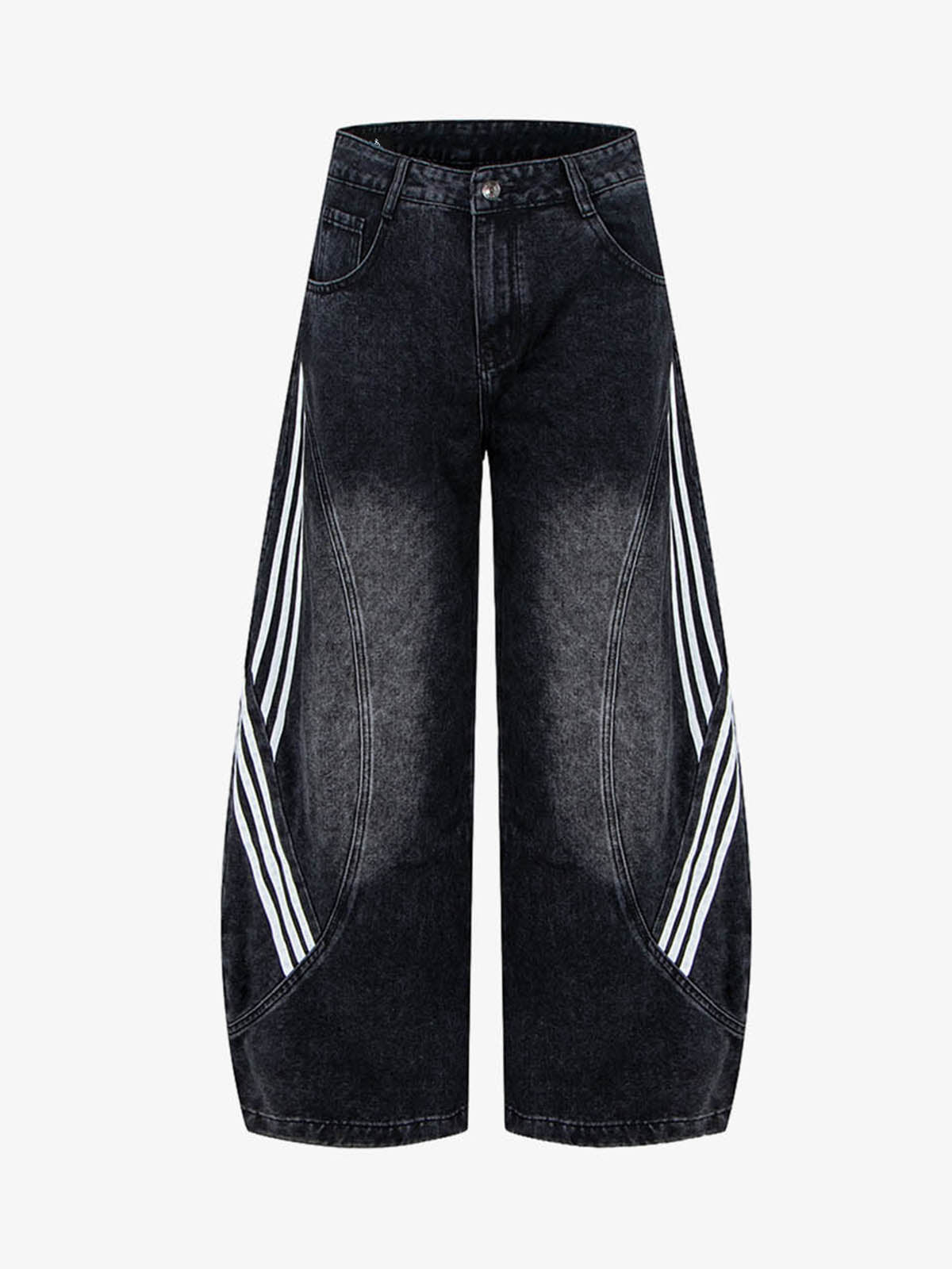 Denim Wide Leg Cropped Pants with White Stripe Design High Waist Fashion Trousers for Women 