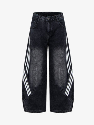 Denim Wide Leg Cropped Pants with White Stripe Design High Waist Fashion Trousers for Women 