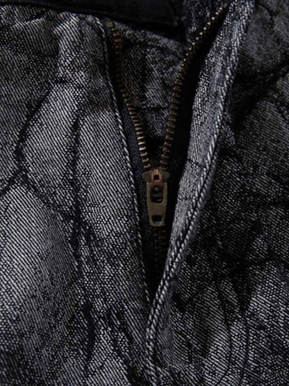 Cotton Blend Wide Leg Pants with Cracked Print and Black Panel Details 