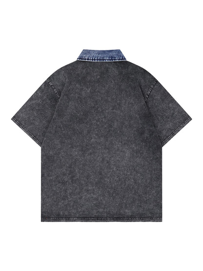 Distressed Embroidered Denim Collar Polo Shirt 