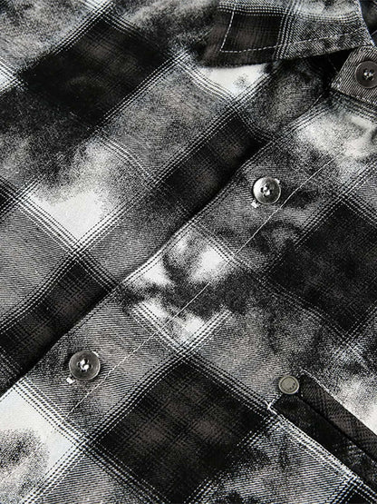 Washed Cotton Plaid Long Sleeve Shirt with Distressed Pattern and Chest Pocket 