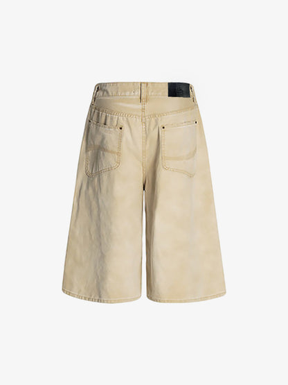 Vintage Washed Distressed Semi-elastic Solid Color Denim Shorts 