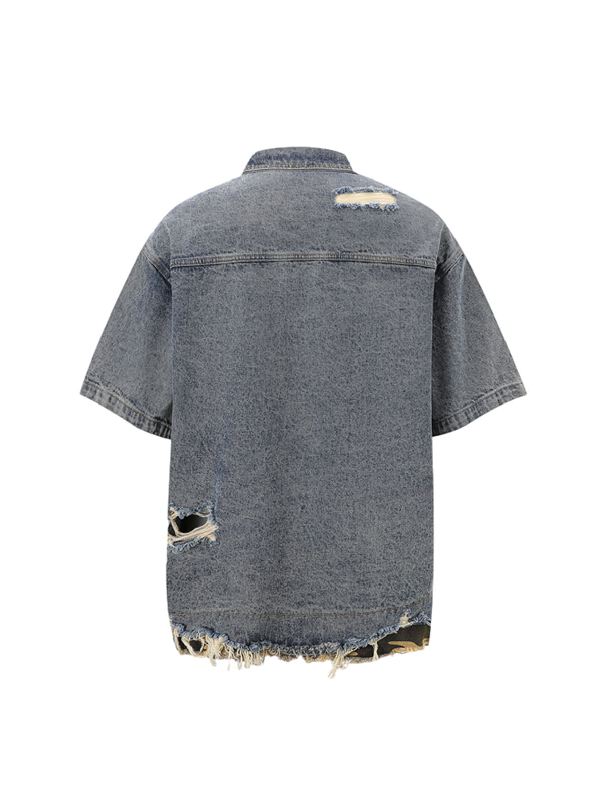 Thesupermade Patchwork Camouflage Ripped Shirt Jorts Denim Suit