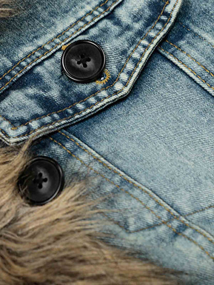 Stylish Denim Jacket with Faux Fur Trim for Men and Women - Perfect for Casual Outfits 