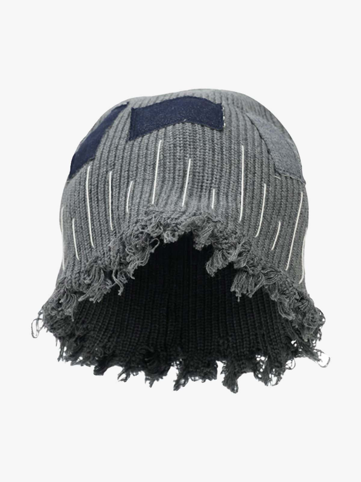 Distressed Denim Patchwork Beanie 