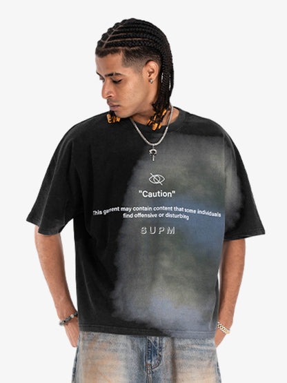 300G Cotton Jade Pattern Dyed T-Shirt with Caution Print Oversized Streetwear Tee 