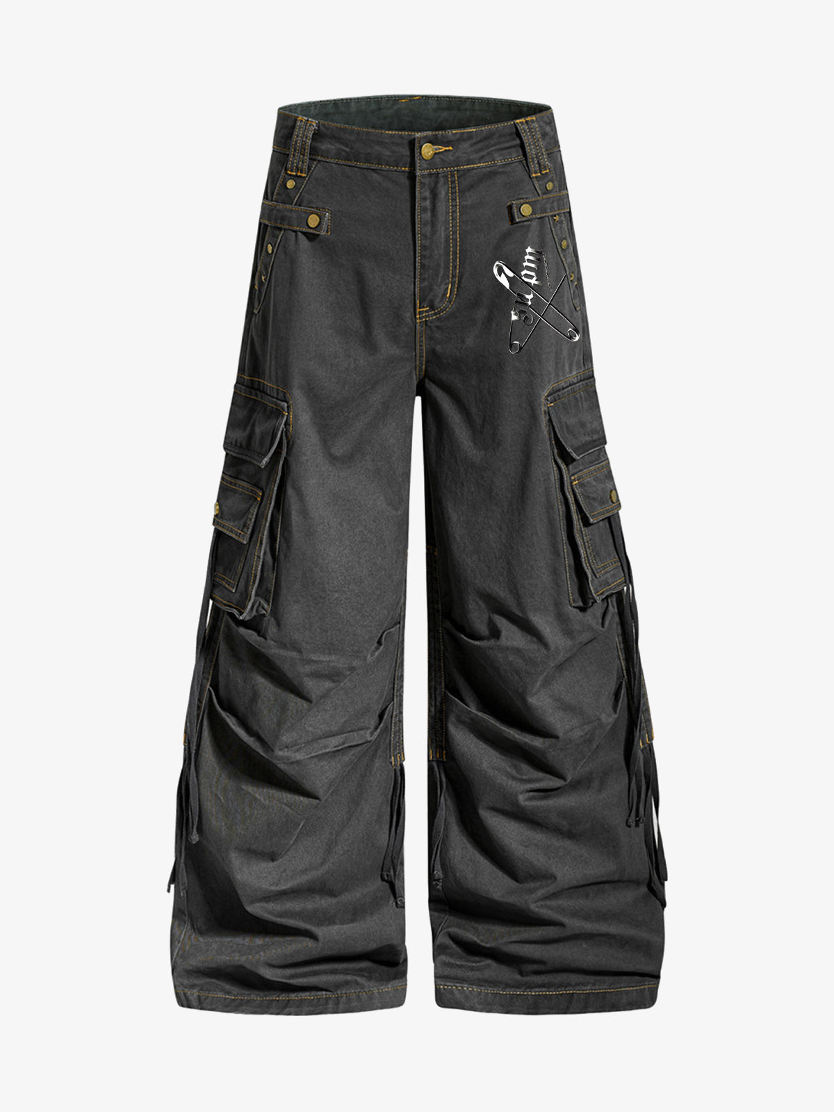 Retro punk style multi-pocket wide-leg cargo pants with rivet pleats and logo print design. 