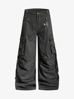 Retro punk style multi-pocket wide-leg cargo pants with rivet pleats and logo print design. 