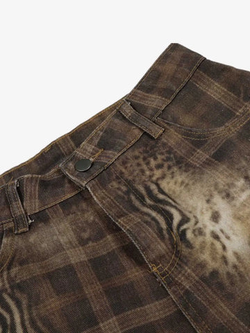 Plaid Leopard Print Cargo Barrel Jeans 