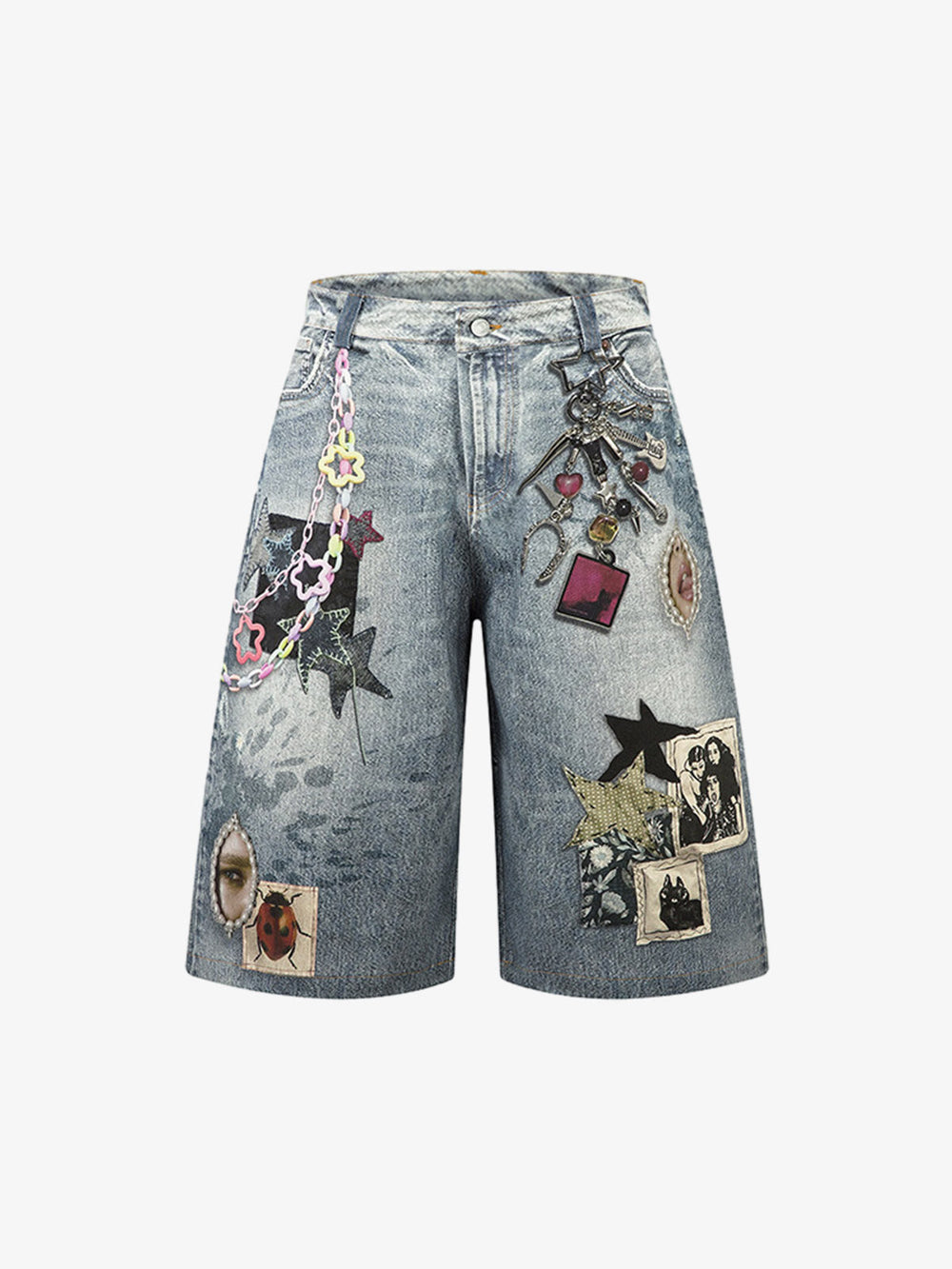 Charm Detail Graphic Denim Shorts 