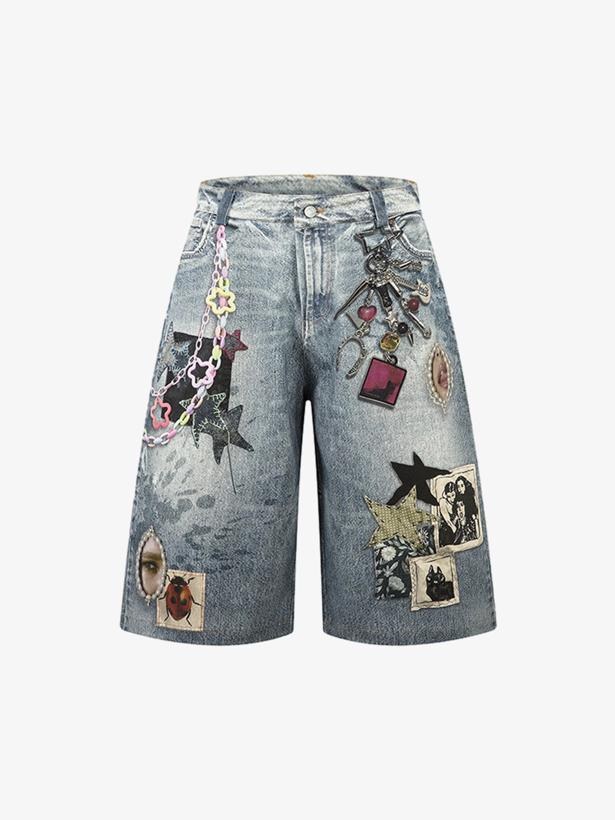 Charm Detail Graphic Denim Shorts 