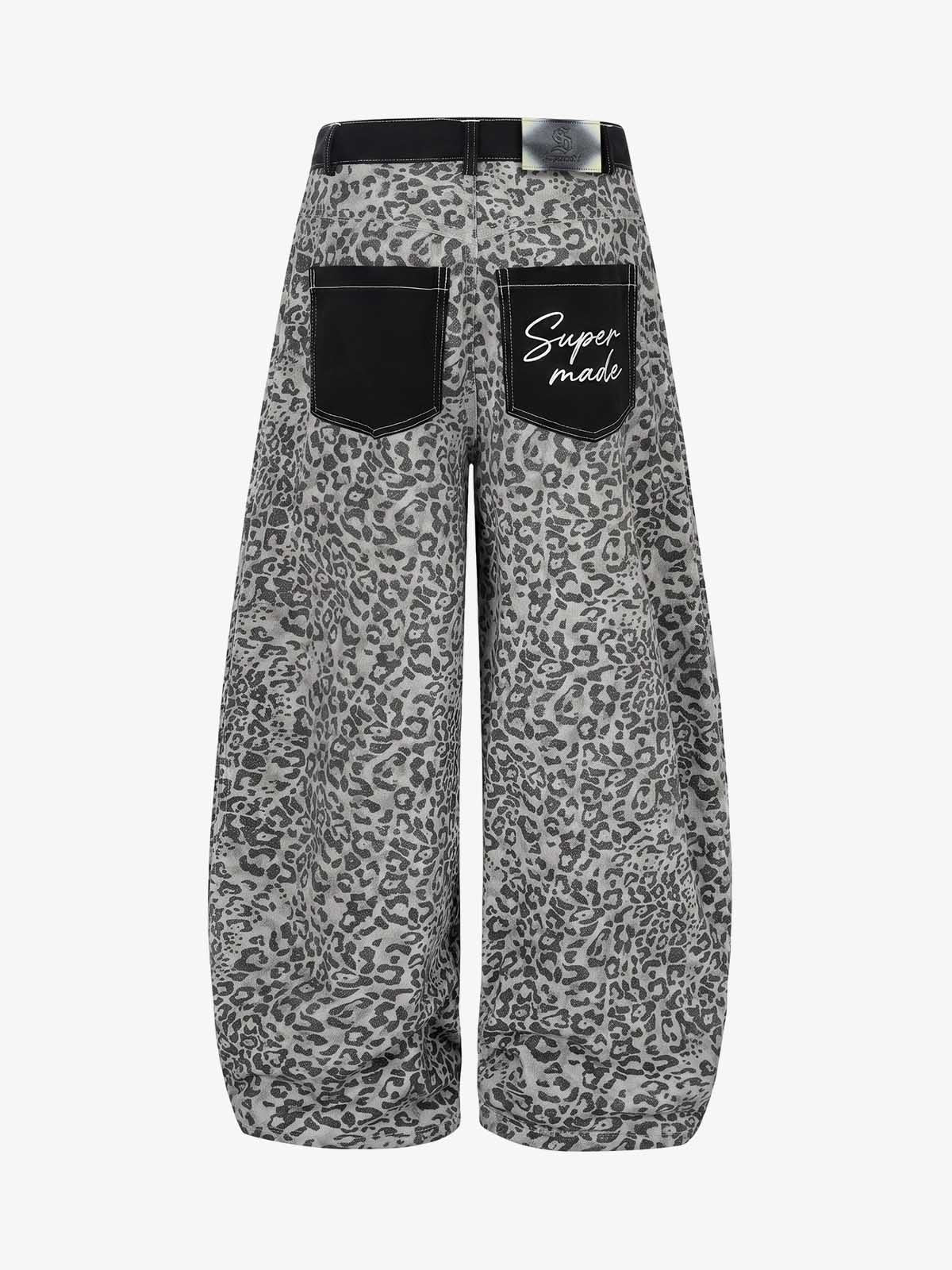 Leopard Print Curved Stripe Baggy Jeans