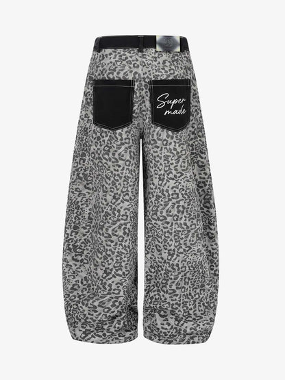 Leopard Print Curved Stripe Baggy Jeans