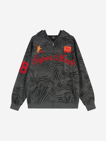 Zebra Graphic Embroidered Oversized Zip Hoodie