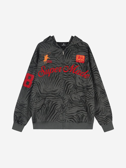 Zebra Graphic Embroidered Oversized Zip Hoodie