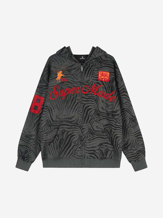 Zebra Graphic Embroidered Oversized Zip Hoodie