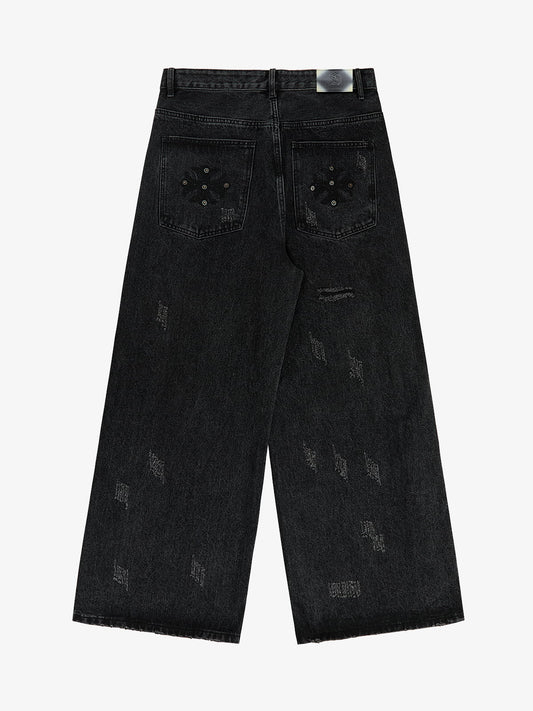 Vintage Washed Distressed Metal Ring Baggy Jeans 