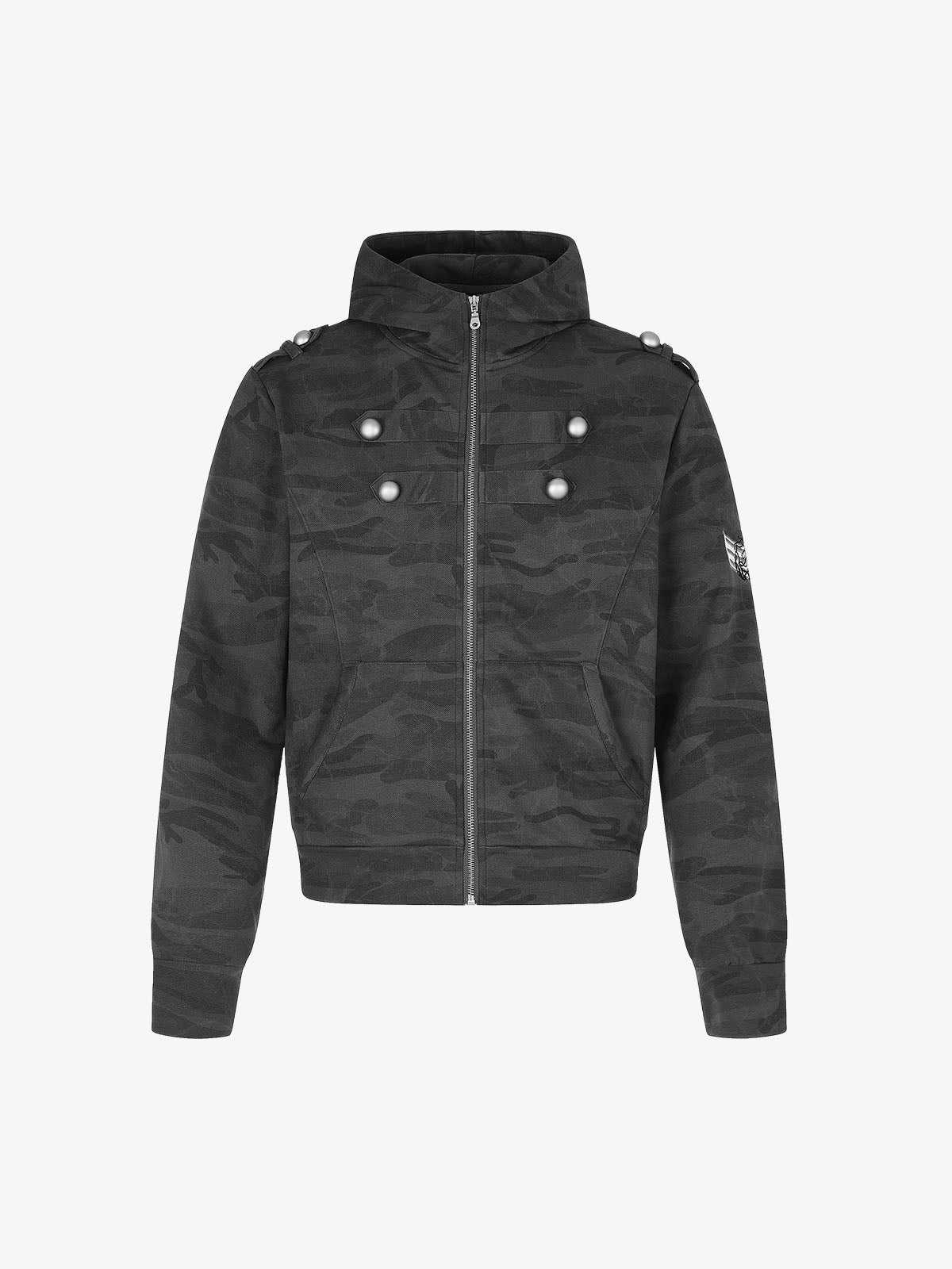 Studded Camo Hooded Sweatshirt Jacket