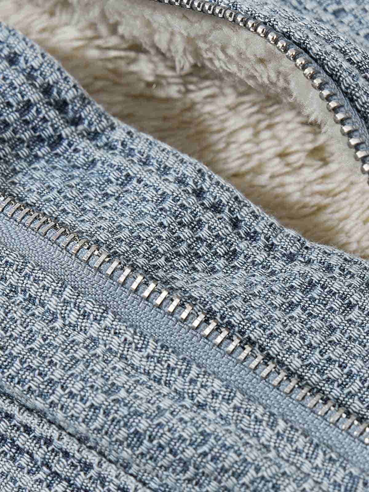 Washed Embroidered Fur-Lined Denim Bomber Jacket