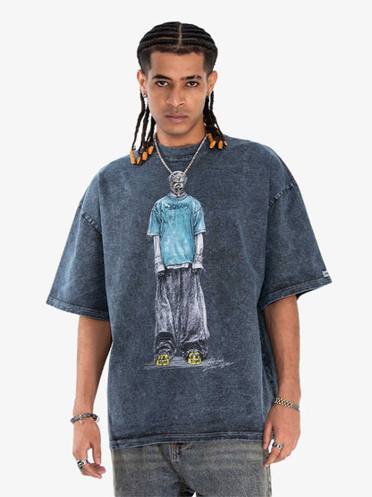 300G Jade Pattern Dyed Cotton Oversized T-Shirt with Skeleton Graphic Print Streetwear 
