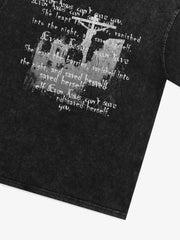 Washed Cross Overlay Text Graphic T-Shirt 