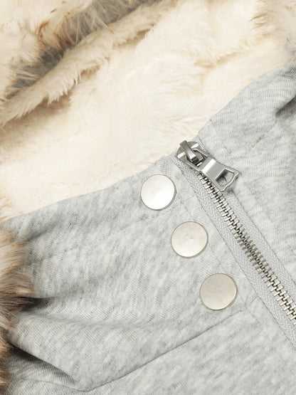Retro Faux Fur Collar Fleece Zip Up Hoodie Jacket 
