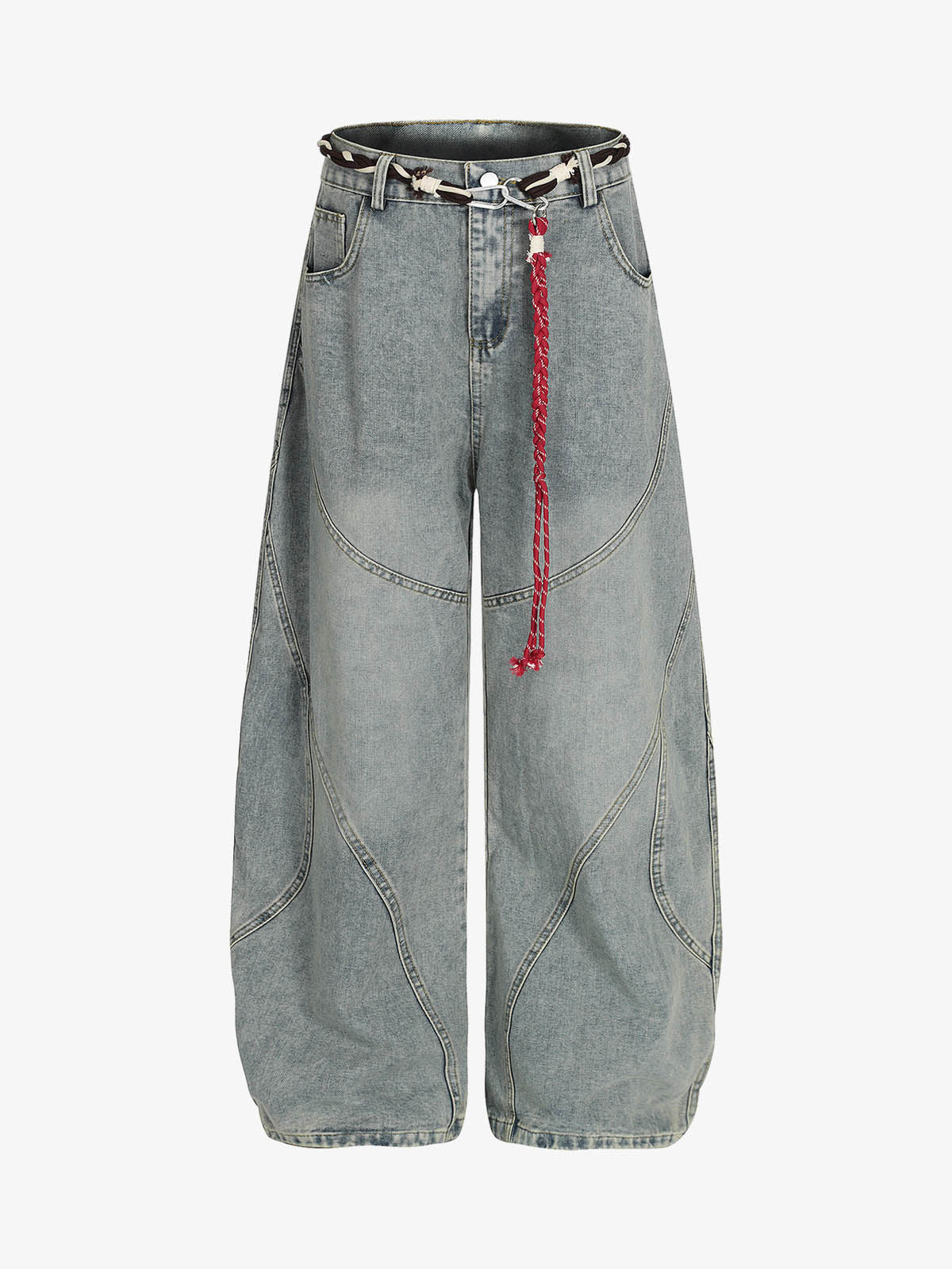 Denim Retro Belt Detail With Patchwork Barrel Jeans - 2490 