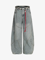 Denim Retro Belt Detail With Patchwork Barrel Jeans - 2490 