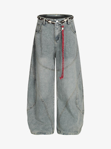Denim Retro Belt Detail With Patchwork Barrel Jeans - 2490 