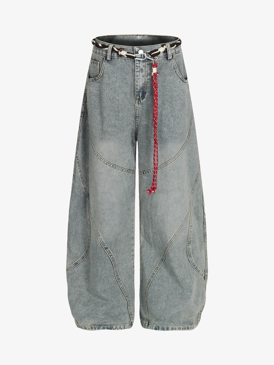 Denim Retro Belt Detail With Patchwork Barrel Jeans - 2490 