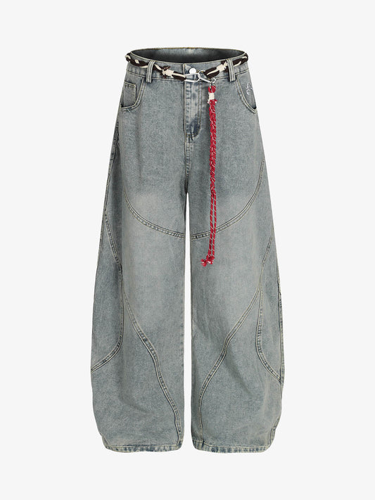 Denim Retro Belt Detail With Patchwork Barrel Jeans - 2490