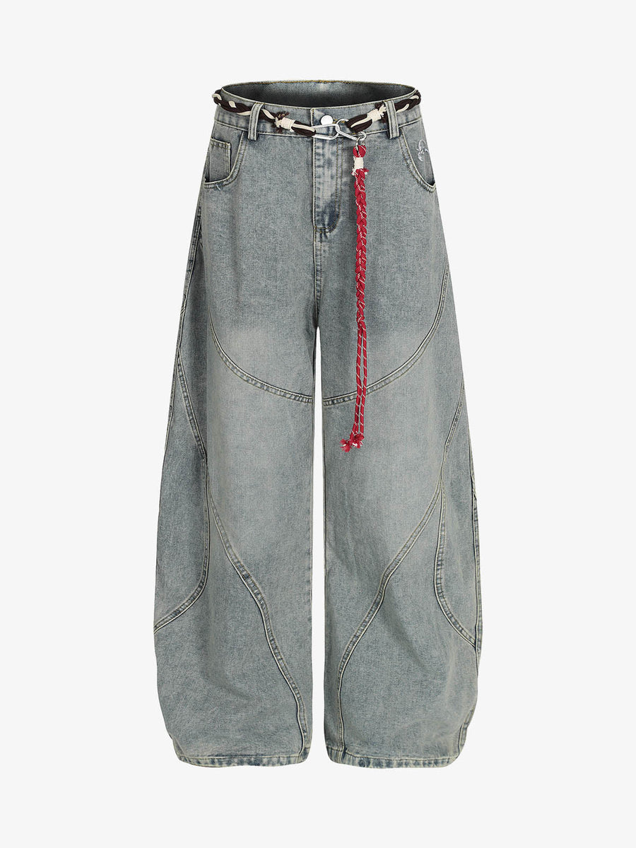 Denim Retro Belt Detail With Patchwork Barrel Jeans - 2490