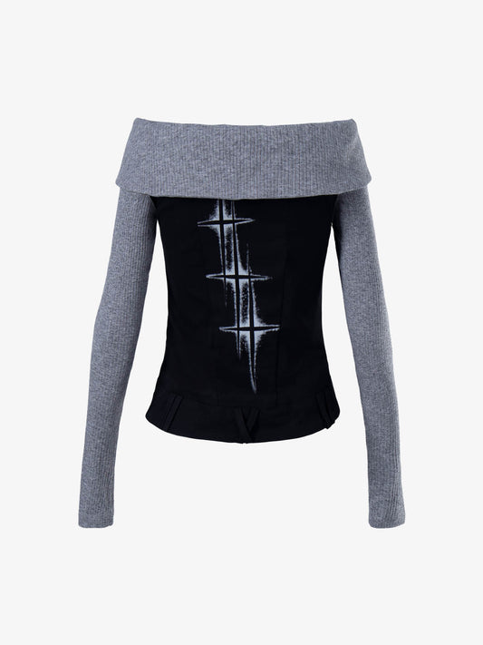 Thesupermade Napoleon Button Off-Shoulder Slim Fit Long Sleeve Top