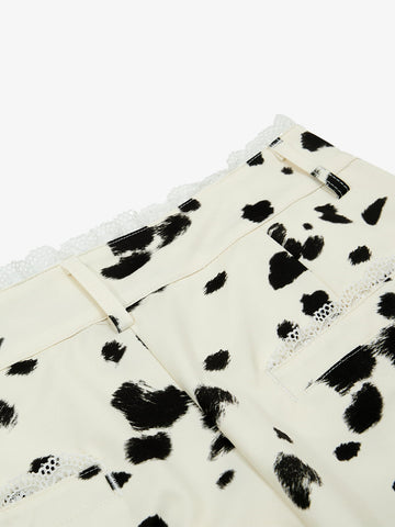 Cow Print Lace Trim Straight Leg Pants 