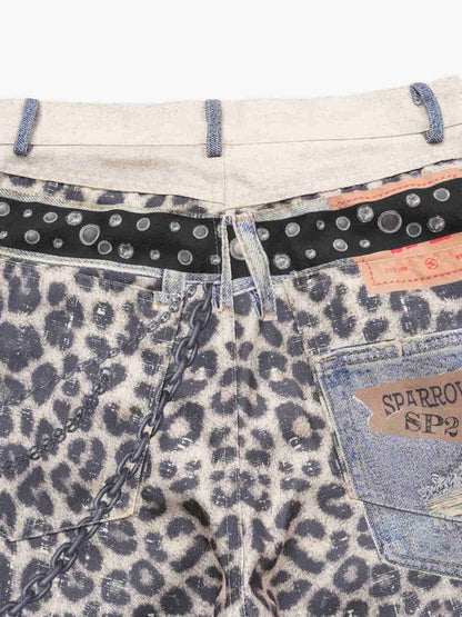 Vintage Leopard 3D Print Double Waistband Washed Jeans 