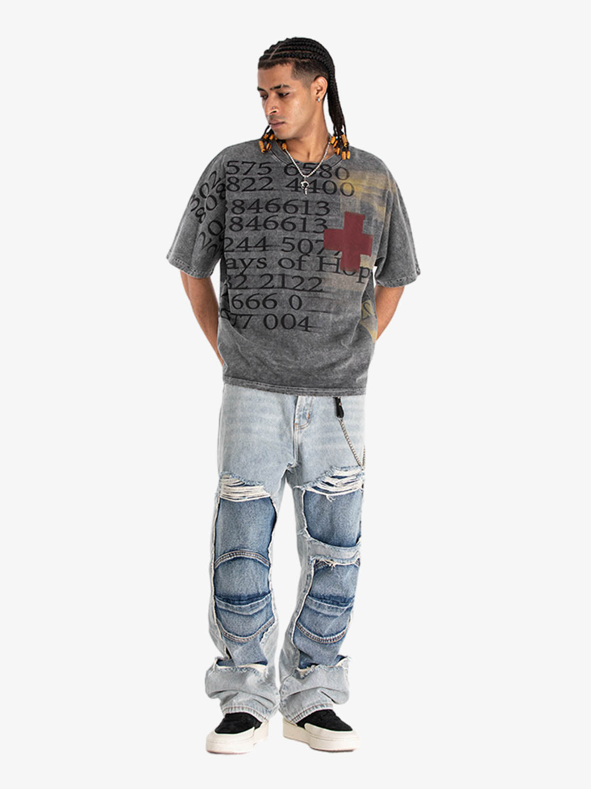 300G Jade Pattern Dyeing Cotton T-Shirt Oversized Streetwear Graphic Tee with Number Print and Red Cross Design 