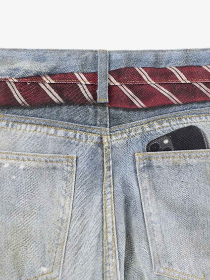 Denim Wide Leg Baggy Jeans with Tie and Pearl Chain Detail for Women Fashion Streetwear 